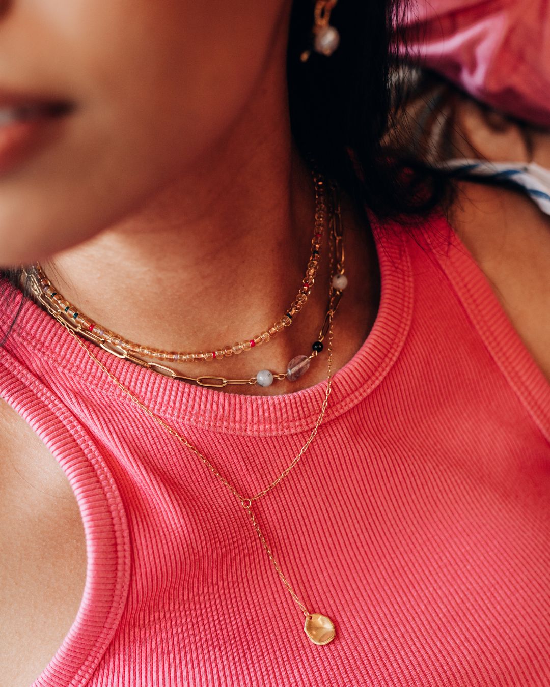 Gold Layered Necklace with Glass Beads