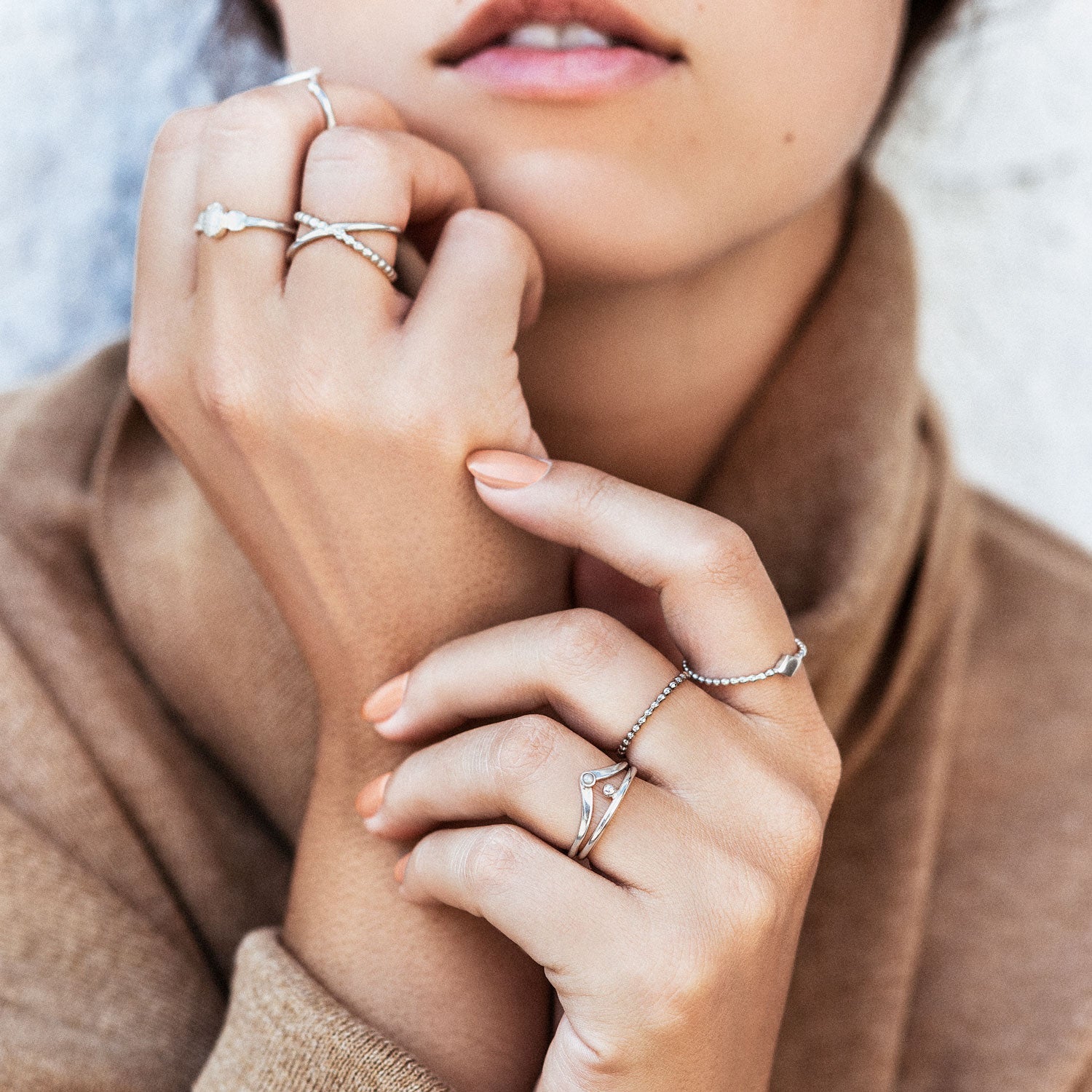 Silver X Ring with Smooth and Beaded Bands